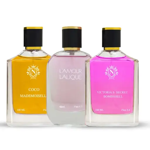 پک ادکلن زنانه نیفتی کد N301 - مدل ویکتوریا سکرت بامب شل، لالیک لامور و کوکو مادمازل پاریس حجم 100 میل