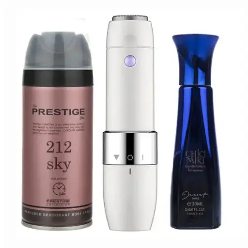 پک هدیه زنانه کد V108 - ماشین اصلاح بدن بانوان، اسپری ضد تعریق زنانه پرستیژ، عطر جیبی زنانه ژک ساف