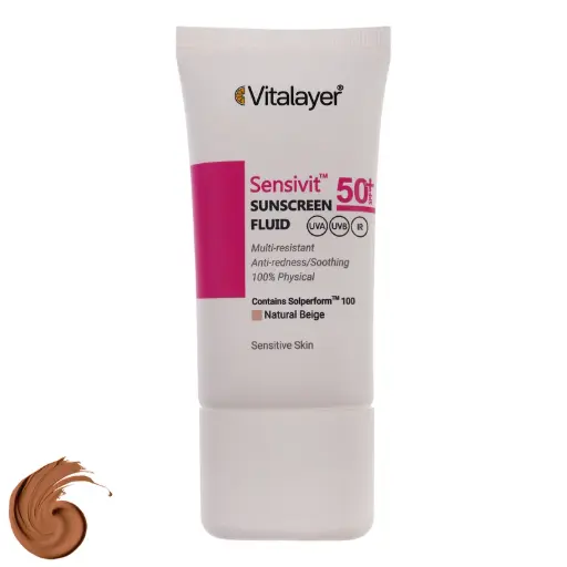 [12765] فلوئید ضد آفتاب رنگی ویتالیر spf50 مدل Sensivit محافظ UVA،UVB مناسب انواع پوست حجم 50 میلی لیتر - بژ طبیعی