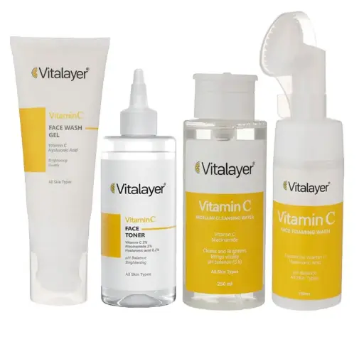[852714] پک پاکسازی پوست ویتالیر مدل Vitamin C شامل ژل شستشو، فوم شستشو، تونر و میسلار واتر مجموعه 4 عددی